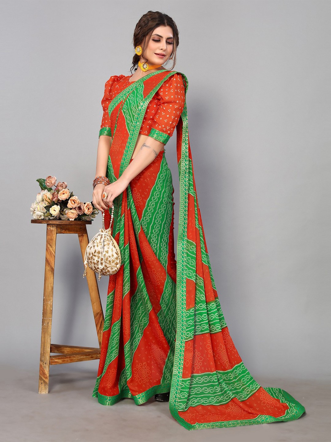 

KALINI Printed Bandhani Saree, Green