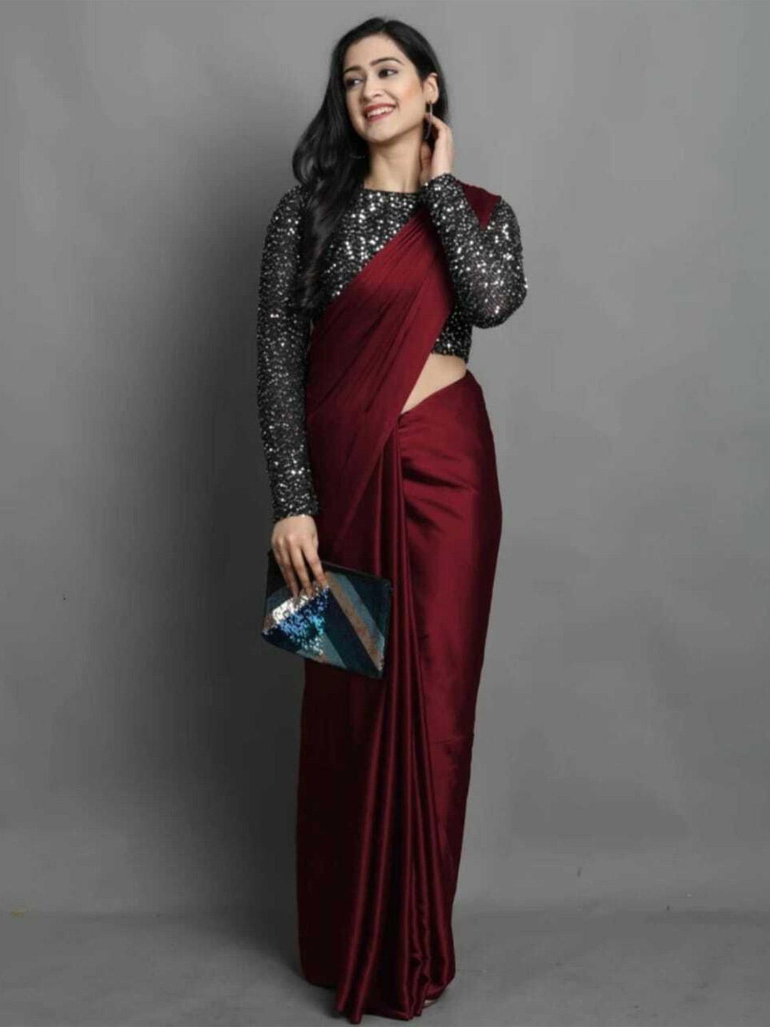 

KALINI Satin Saree With Sequence Blouse Piece, Maroon