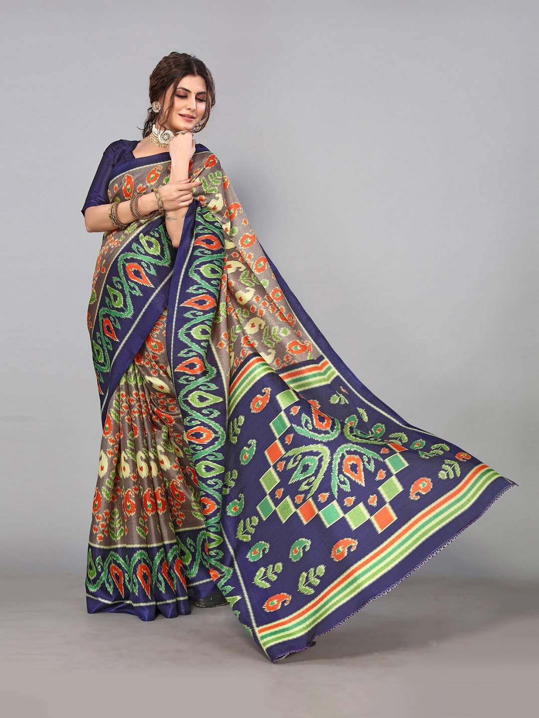 

KALINI Paisley Printed Mysore Silk Saree, Navy blue