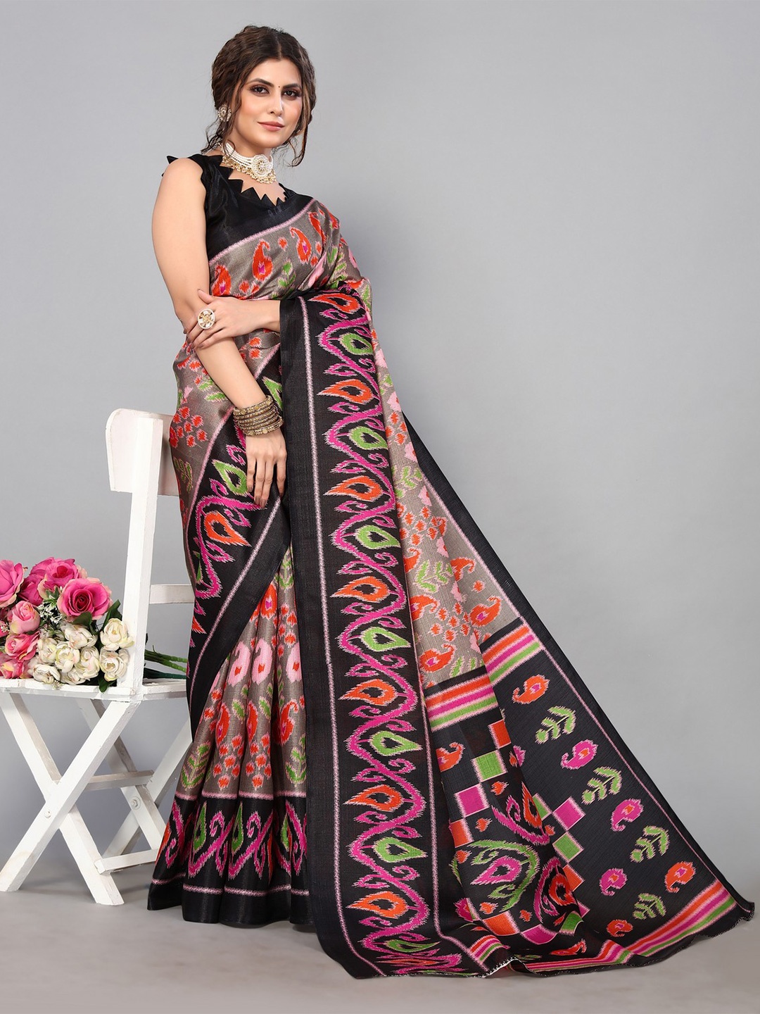 

KALINI Paisley Printed Mysore Silk Saree, Grey