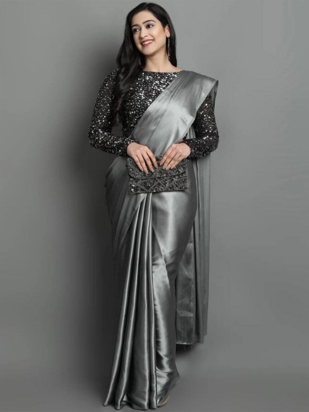 

KALINI Grey Satin Leheriya Saree