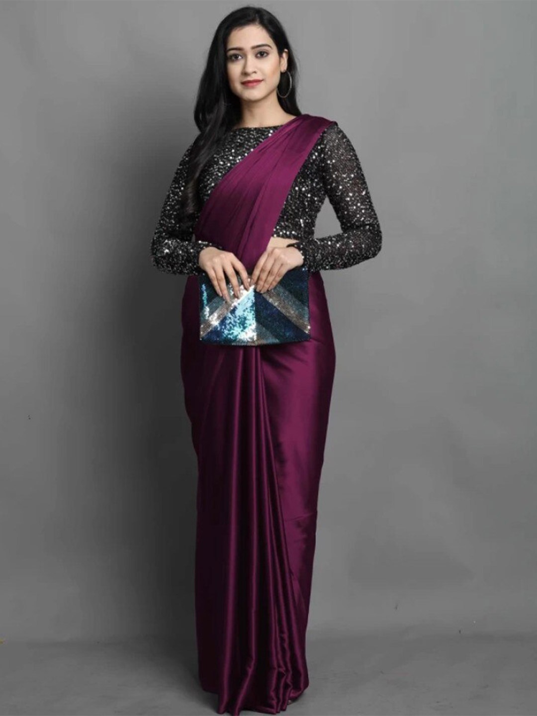 

KALINI Satin Saree With Sequence Blouse Piece, Purple