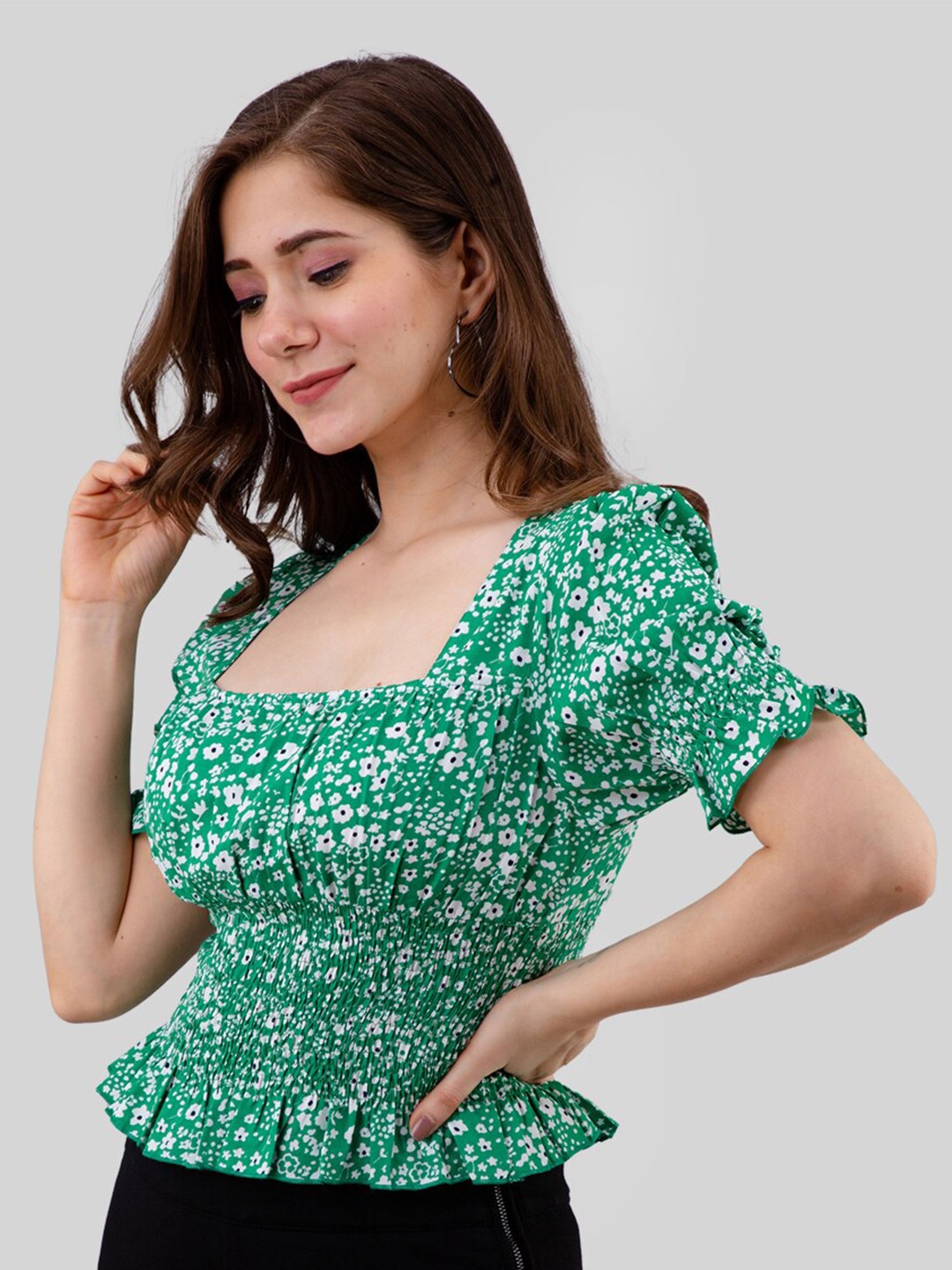 

PRETTY LOVING THING Floral Printed Puff Sleeve Cinched Waist Top, Green