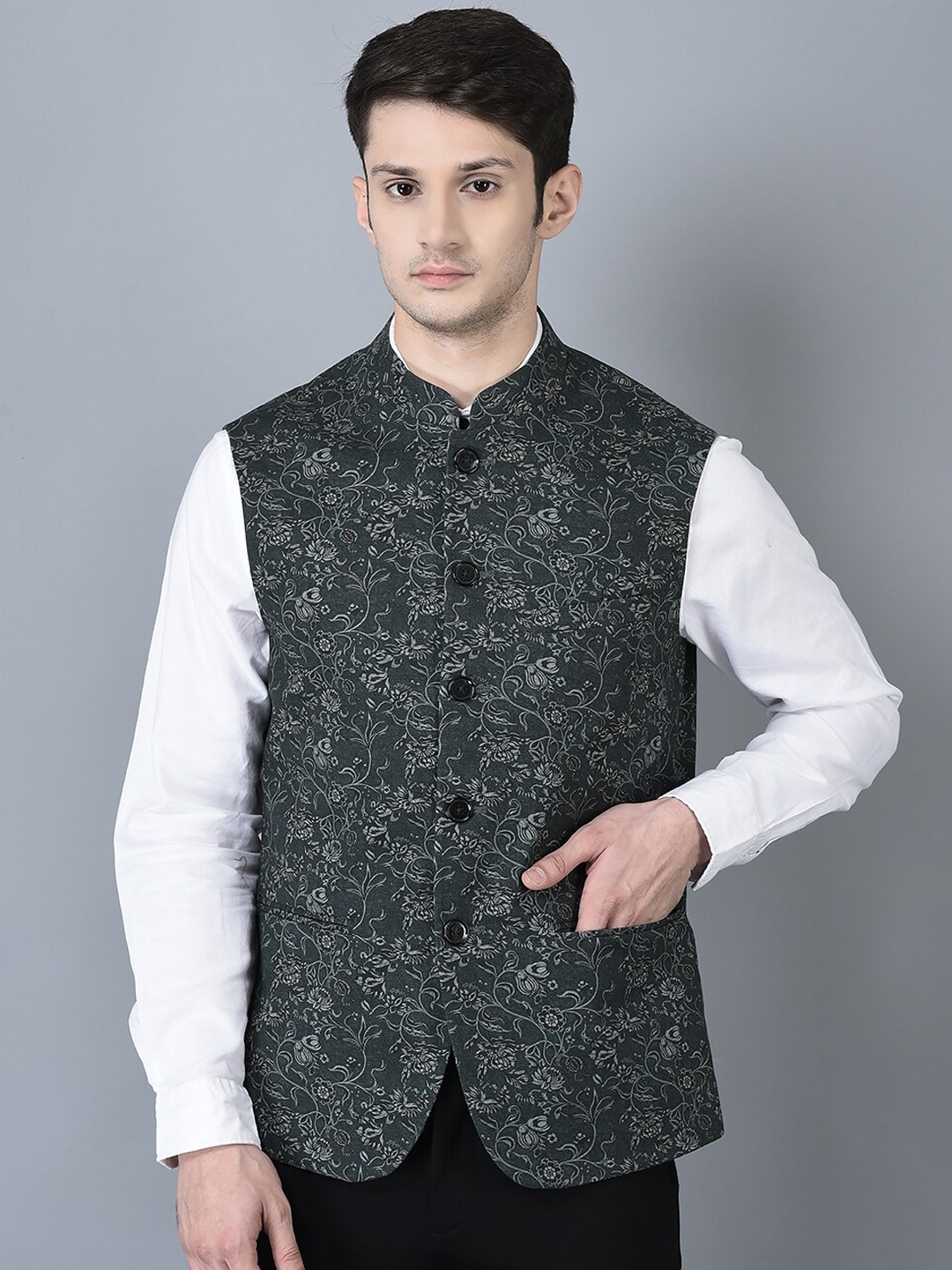 

CANOE Men Printed Mandarin Collar Cotton Linen Waistcoat, Olive