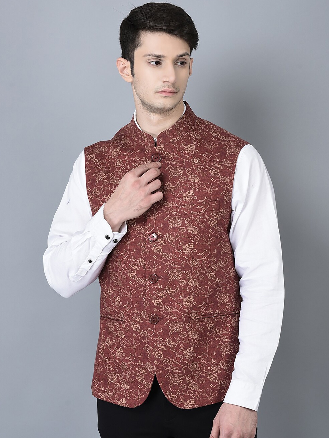 

CANOE Floral Printed Cotton Linen Nehru Jacket, Maroon