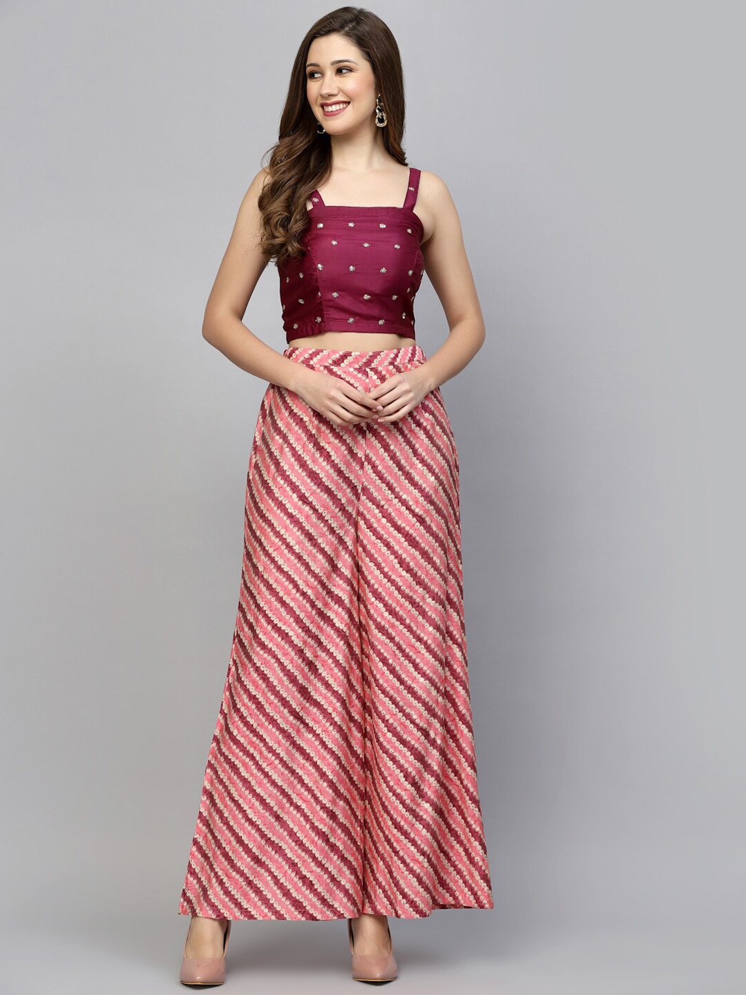 

Get Glamr Women Printed Sequin Crop Top & Palazzo With Shrug, Burgundy