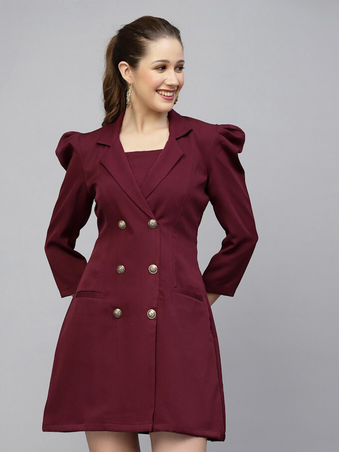 

Get Glamr Puff Sleeves Crepe Blazer Dress, Maroon