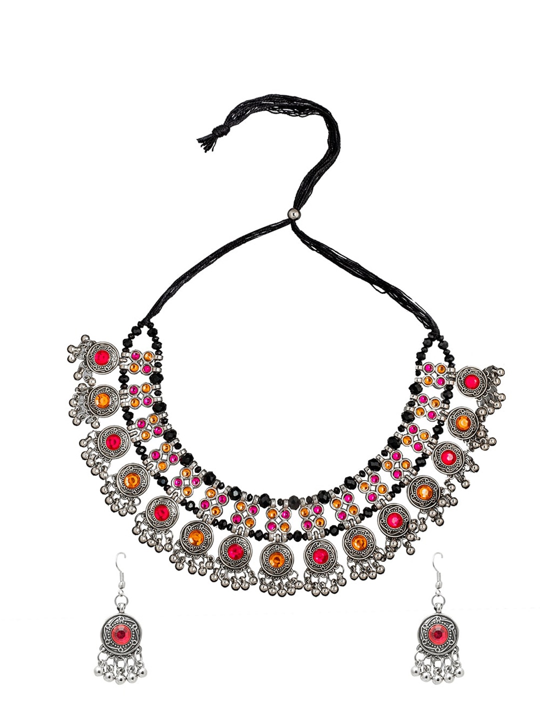 

Shining Jewel - By Shivansh Silver-Plated Cubic Zirconia-Studded Oxidised Jewellery Set