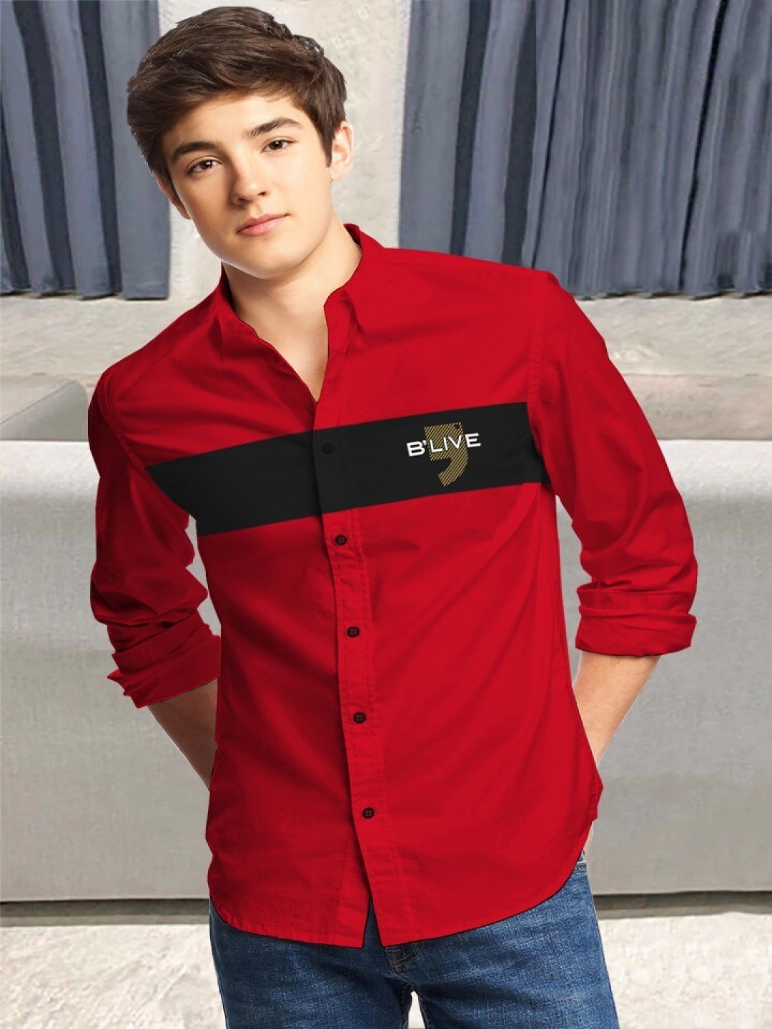 

BLIVE Boys Colourblocked Spread Collar Cotton Casual Shirt, Red