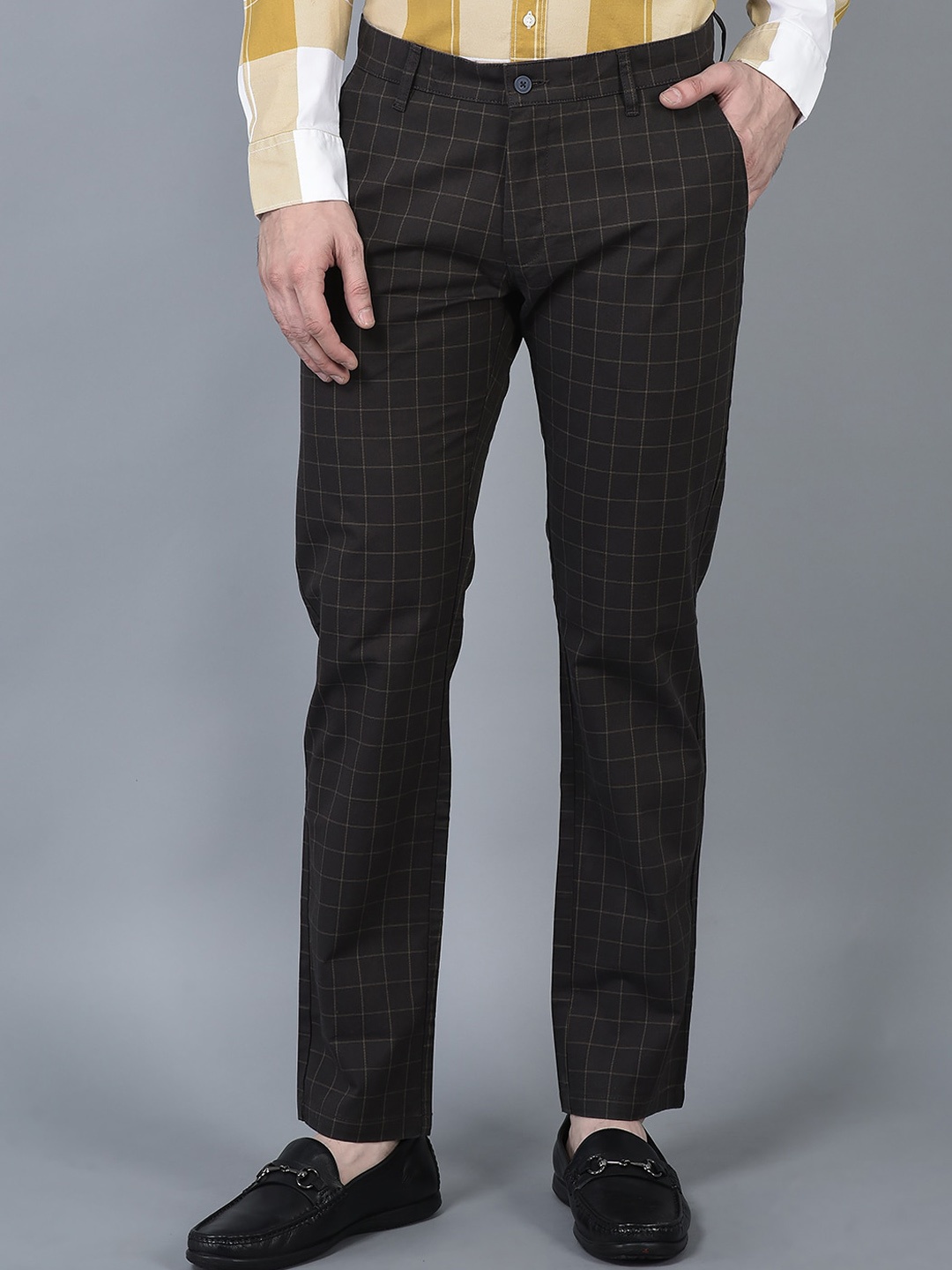 

CANOE Men Checked Smart Mid-Rise Formal Trousers, Brown