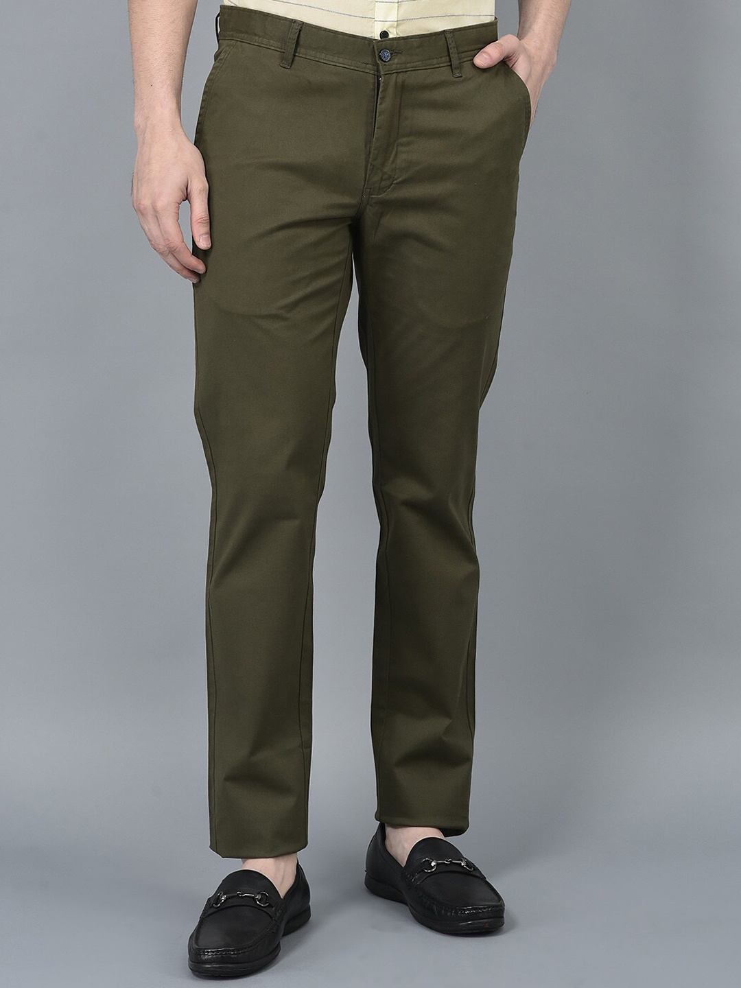 

CANOE Men Smart Mid-Rise Cotton Trousers, Olive