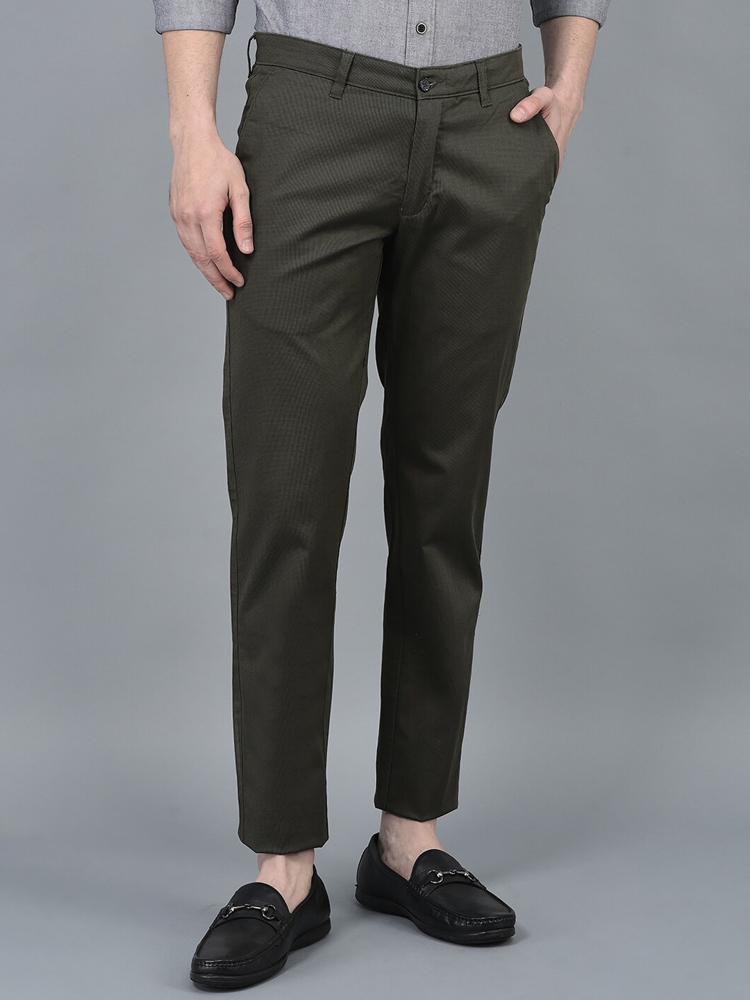 

CANOE Men Smart Mid-Rise Cotton Trousers, Olive