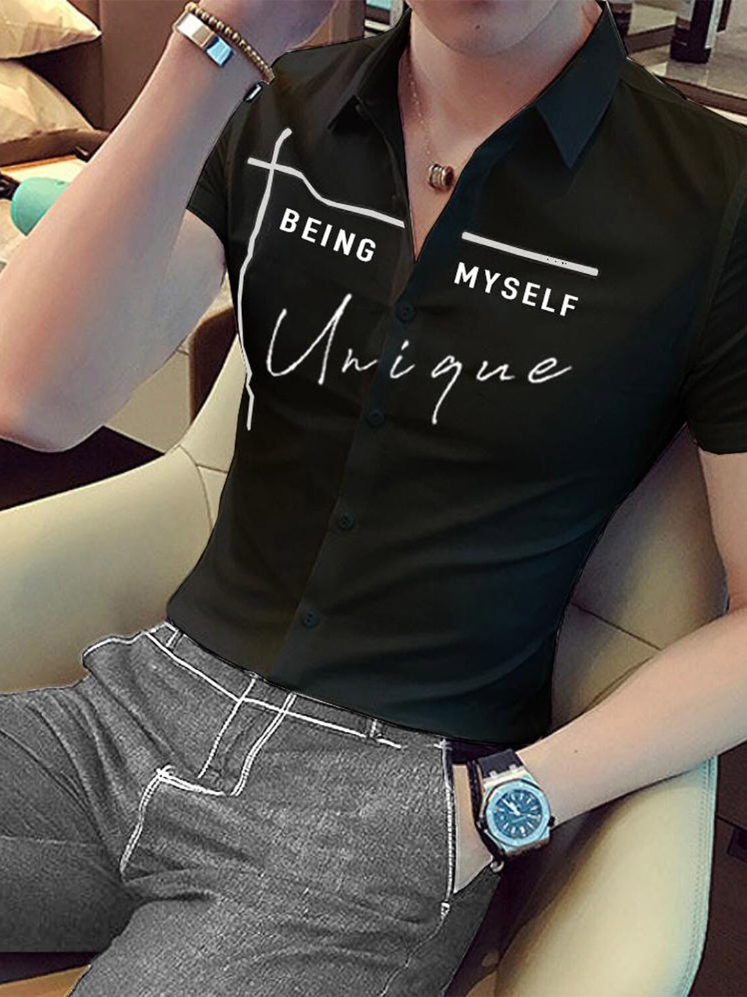 

TRIPR Typography Printed Cotton Casual Shirt, Black