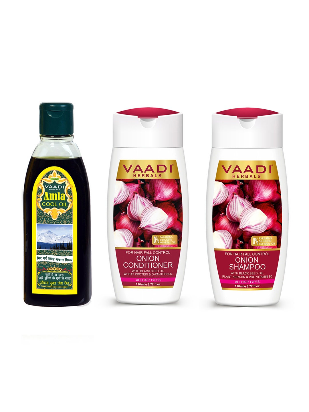 

Vaadi Herbals Onion Conditioner 110ml + Onion Shampoo 110ml + Amla Cool Hair Oil 200ml, Green