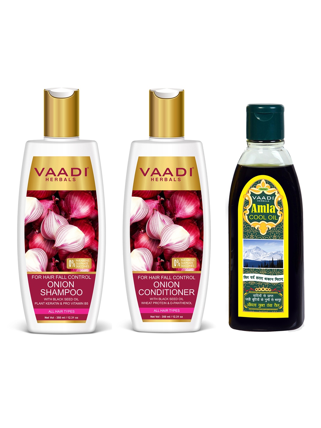 

Vaadi Herbals Onion Conditioner 350ml + Onion Shampoo 350ml + Amla Cool Hair Oil 200ml, Magenta