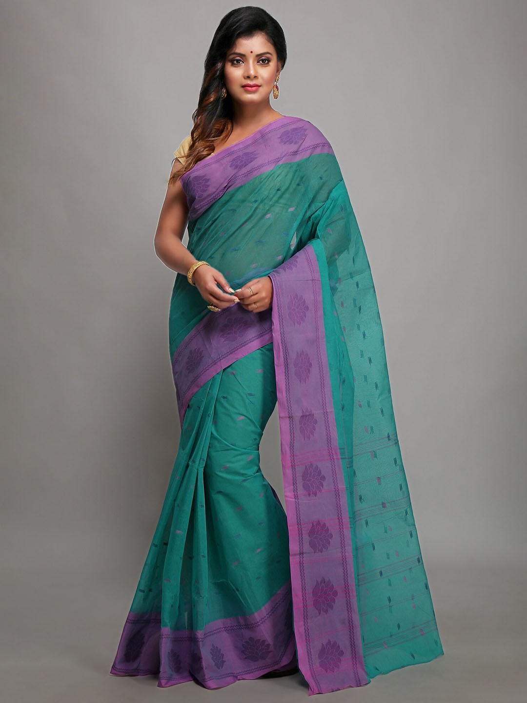 

WoodenTant Ethnic Motifs Woven Design Pure Cotton Taant Saree, Sea green