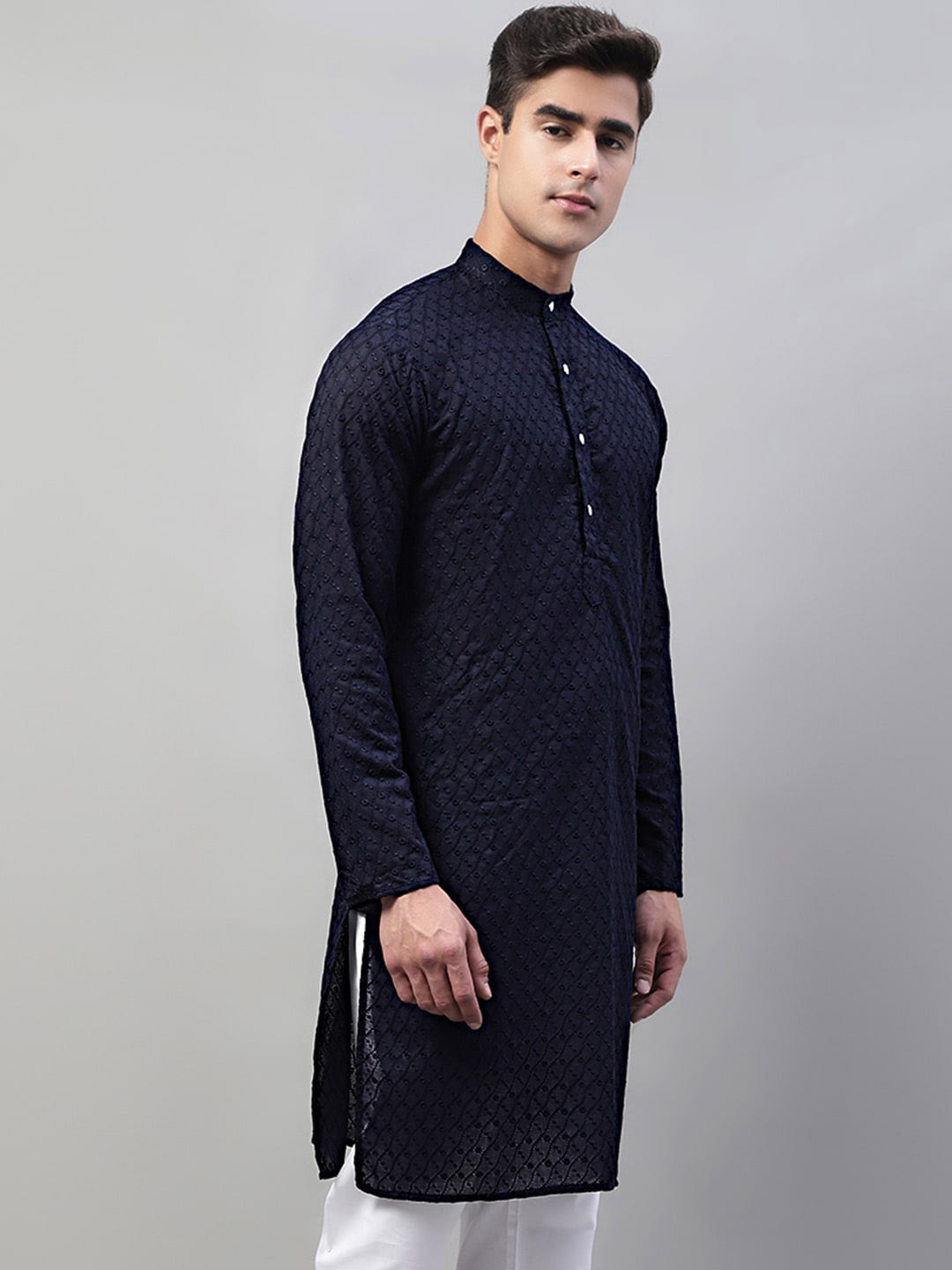 

Jompers Band Collar Embroidered Straight Pure Cotton Kurta, Navy blue