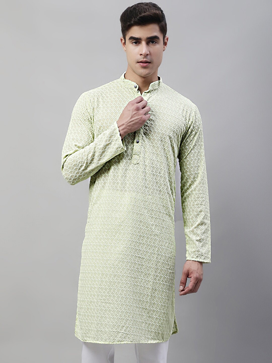

Jompers Band Collar Embroidered Straight Pure Cotton Kurta, Green