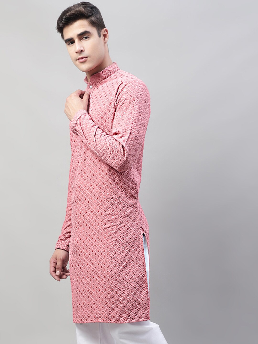 

Jompers Mandarin Collar Embroidered Sequined Pure Cotton Kurta, Pink