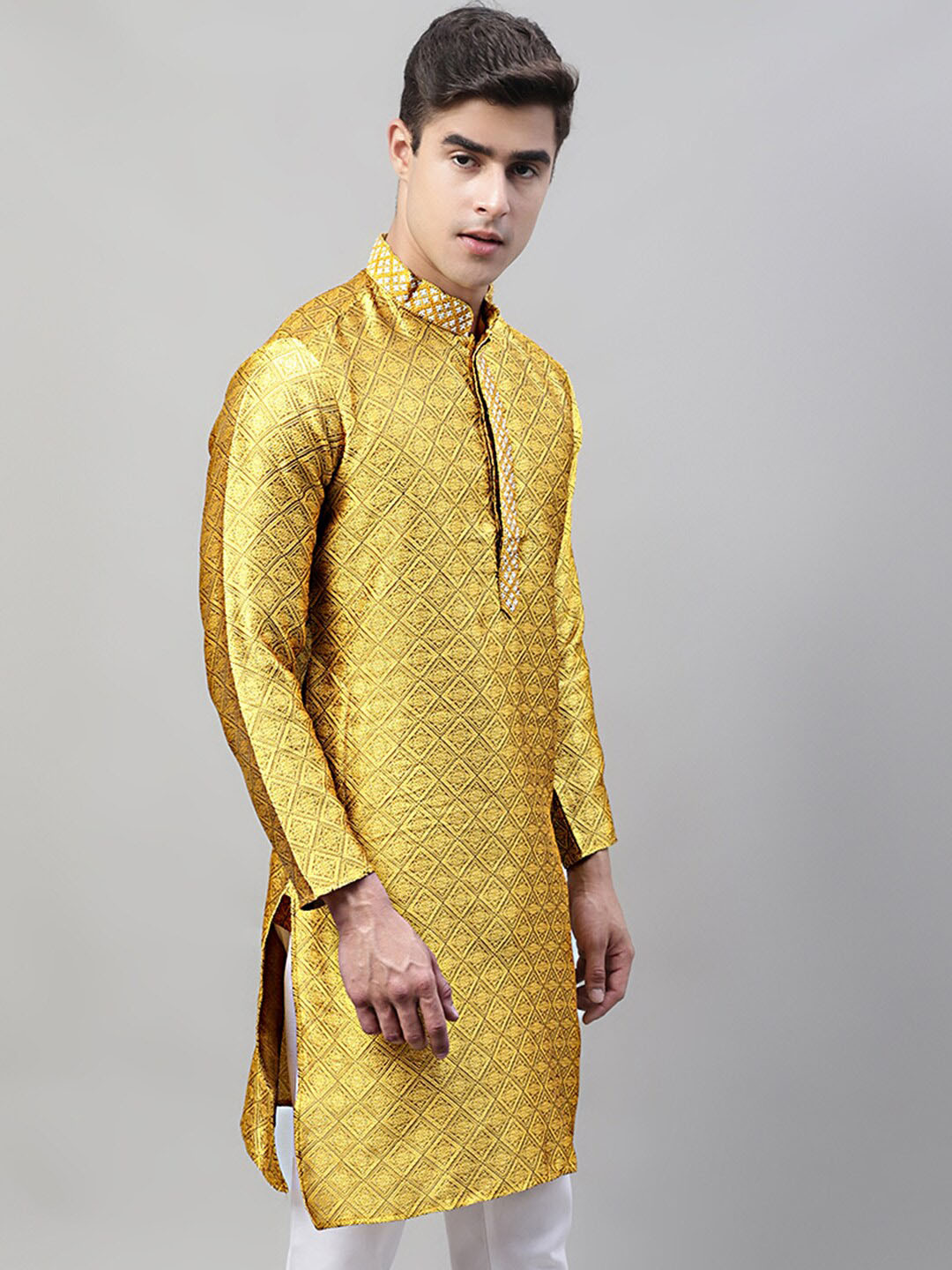 

Jompers Ethnic Motif Woven Design Mandarin Collar Jacquard Thread Work Kurta, Mustard