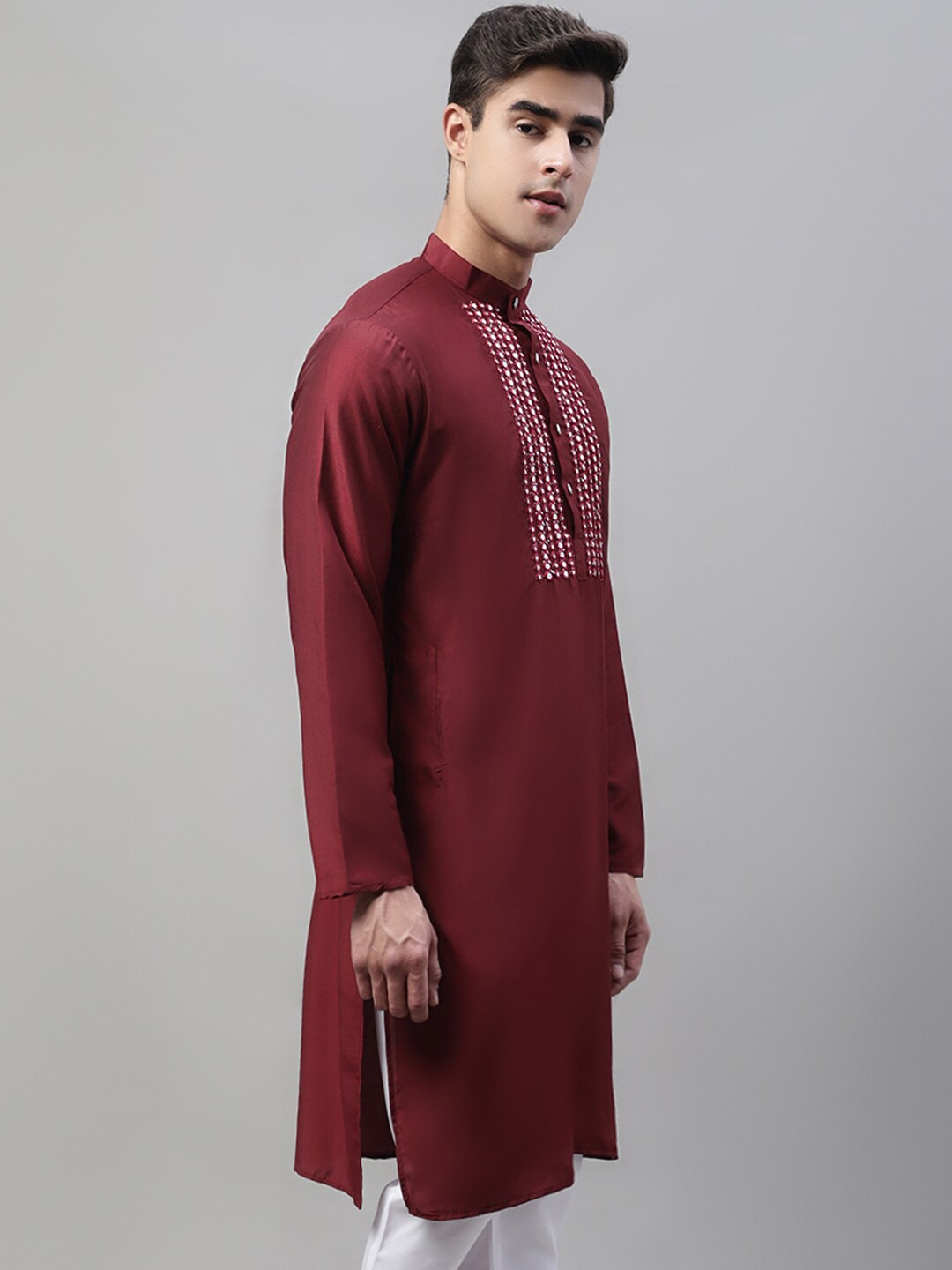 

Jompers Band Collar Mirror Work Straight Kurta, Maroon