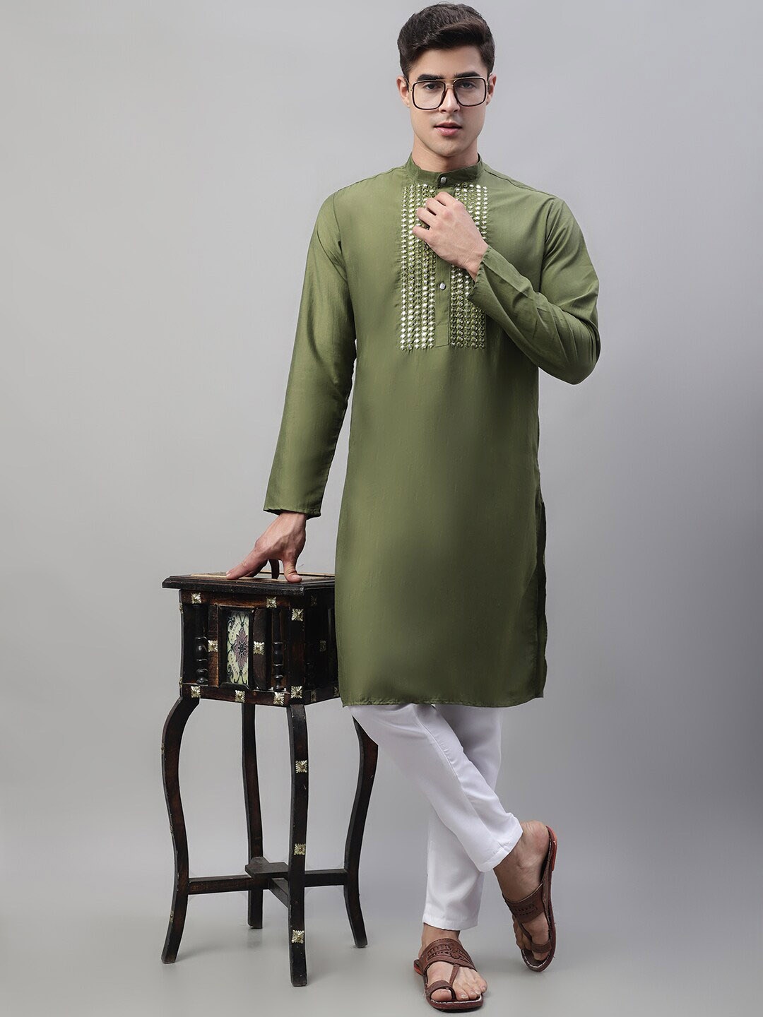 

Jompers Mandarin Collar Mirror Work Kurta with Churidar, Olive