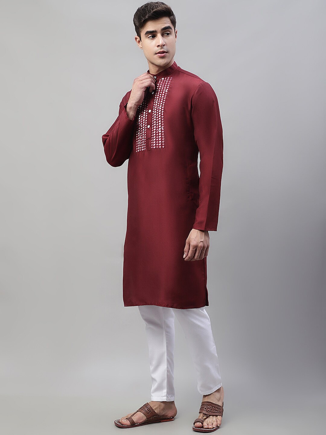 

Jompers Embroidered Regular Mirror Work Silk Cotton Kurta With Churidar, Maroon