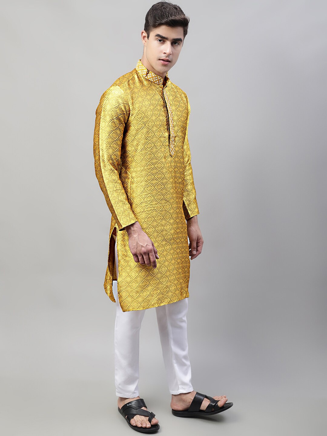 

Jompers Ethnic Motif Woven Design Thread Work Silk Cotton Kurta With Pyjamas, Mustard