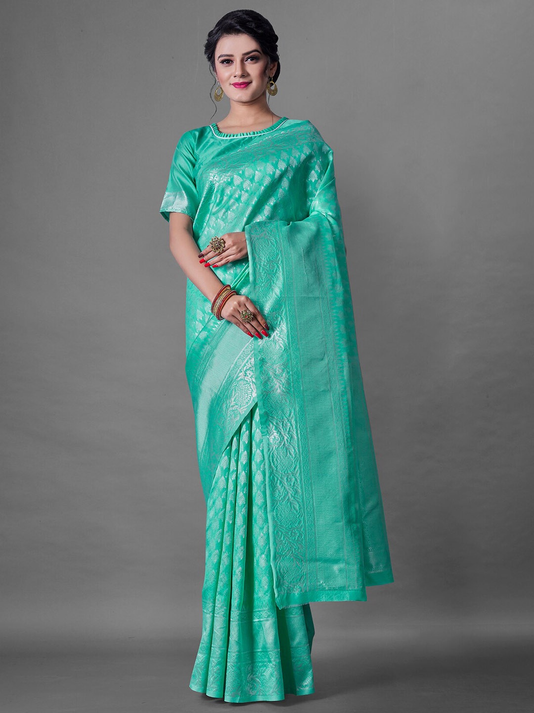 

SILVERFLY Ethnic Woven Design Zari Pure Silk Banarasi Saree, Sea green