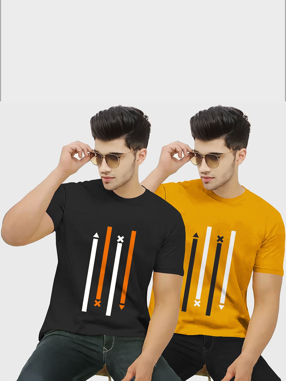 

BLIVE Pack Of 2 Geometric Printed Round Neck Short Sleeves Cotton T-shirt, Black