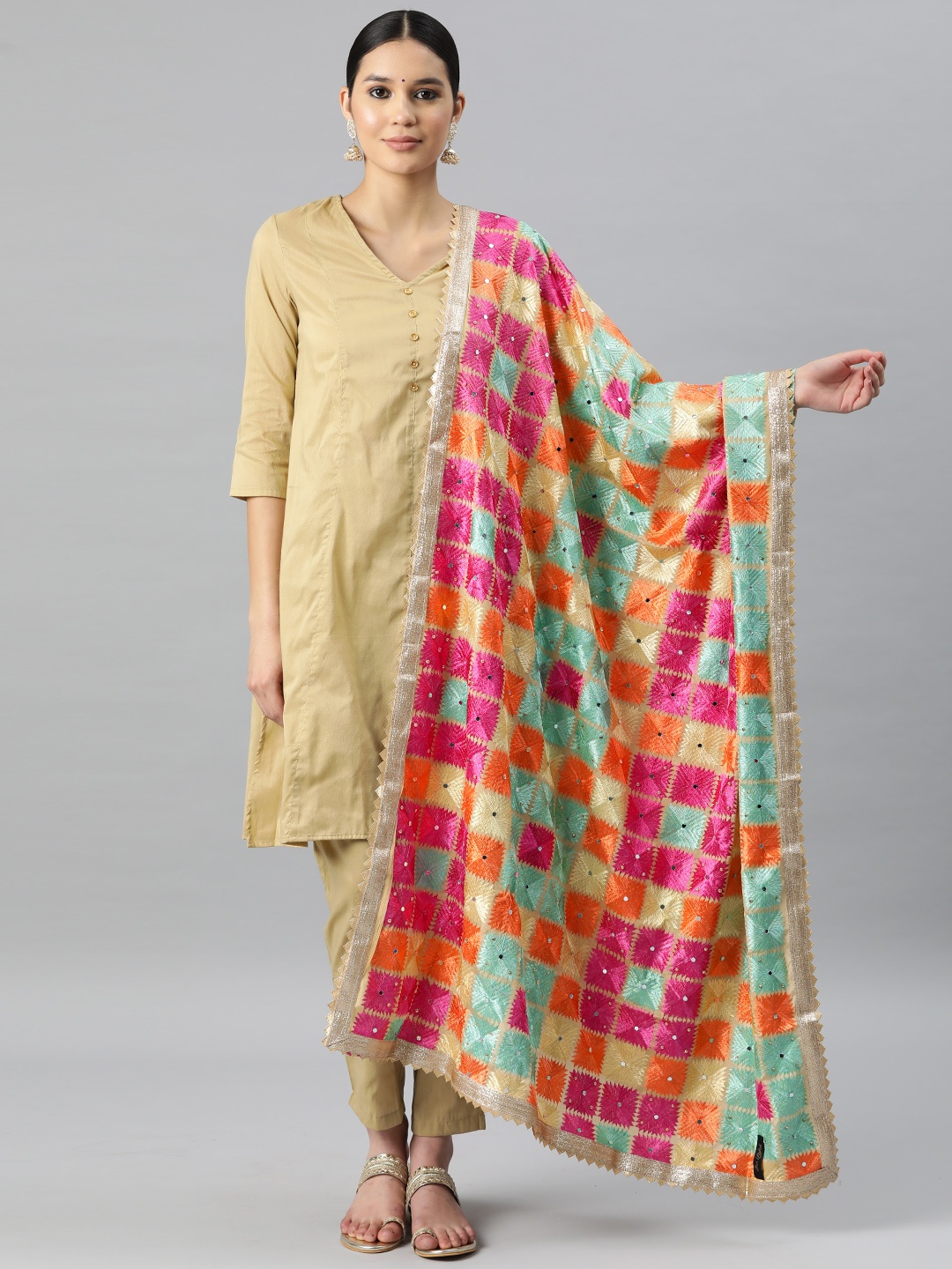 

SWI Stylish Chiffon Embroidered Phulkari Dupatta, Multi
