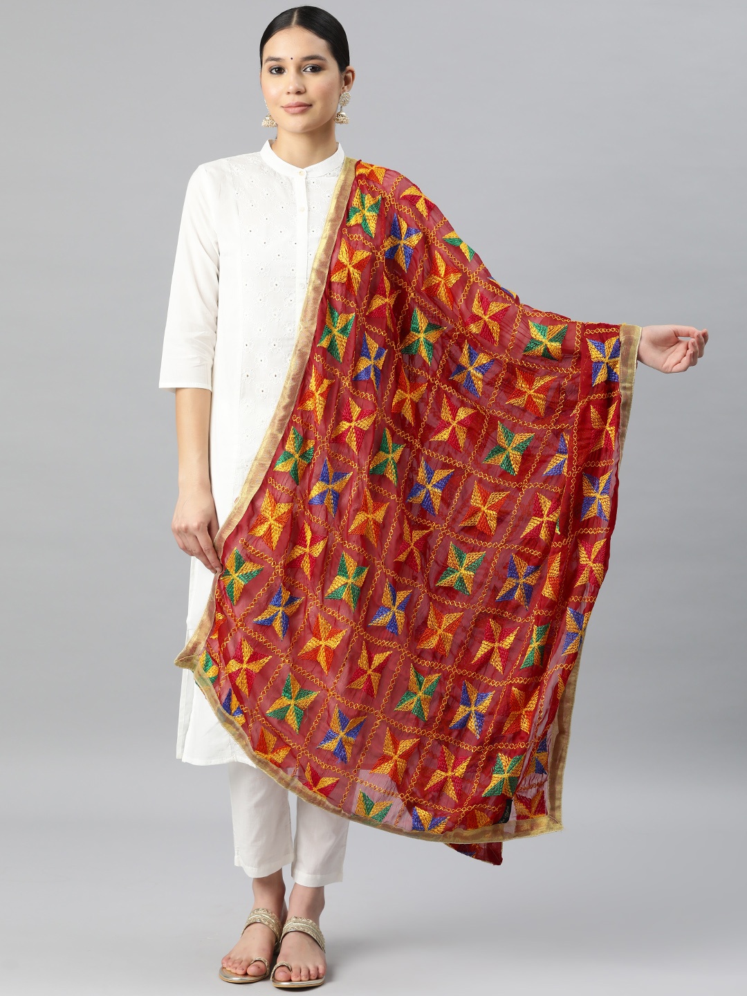 

SWI Stylish Chiffon Embroidered Phulkari Dupatta, Multi