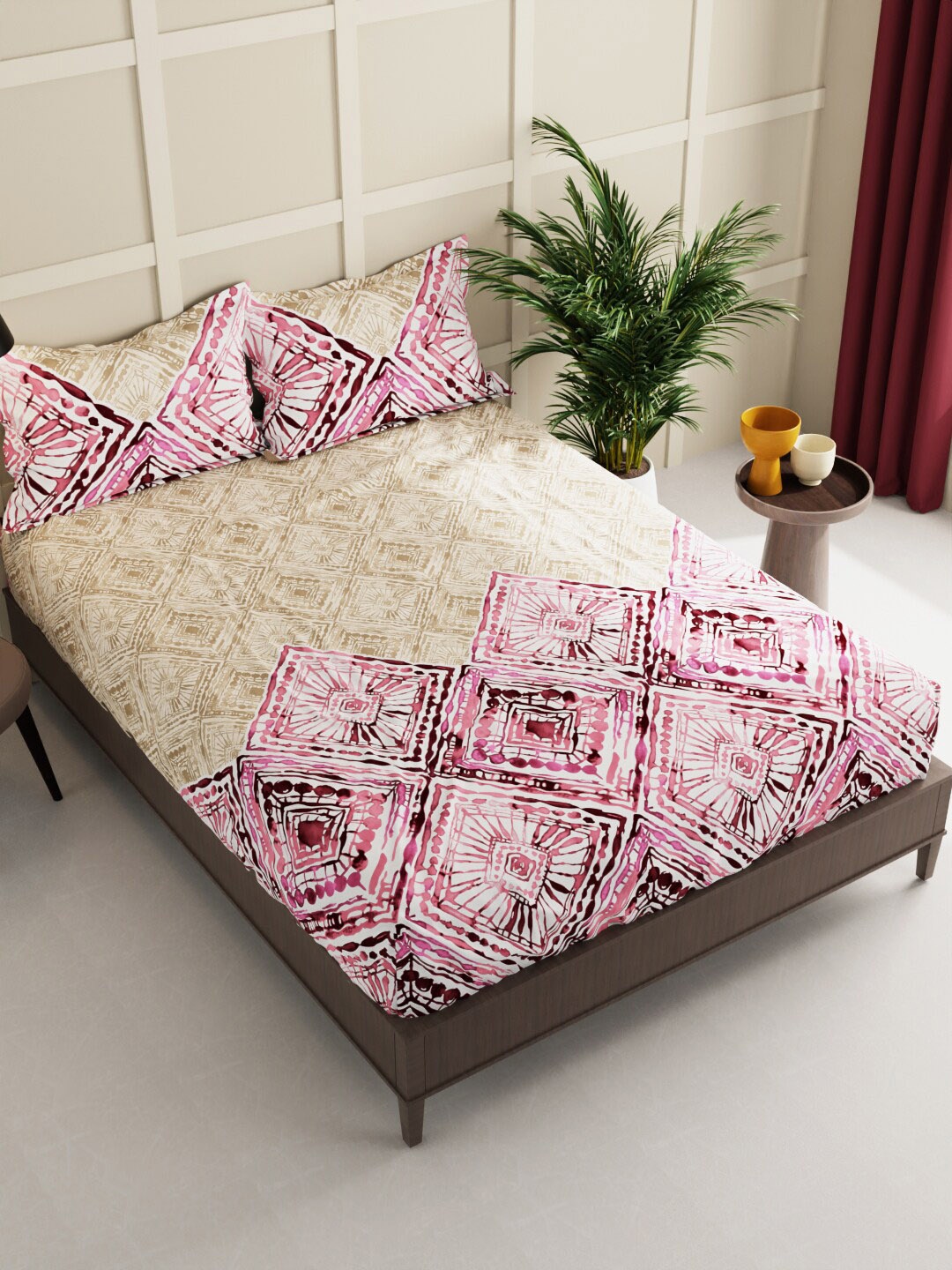 

BIANCA Kopa Envouge Pink & Beige Printed 152 TC Queen Bedsheet & 2 Pillow Covers