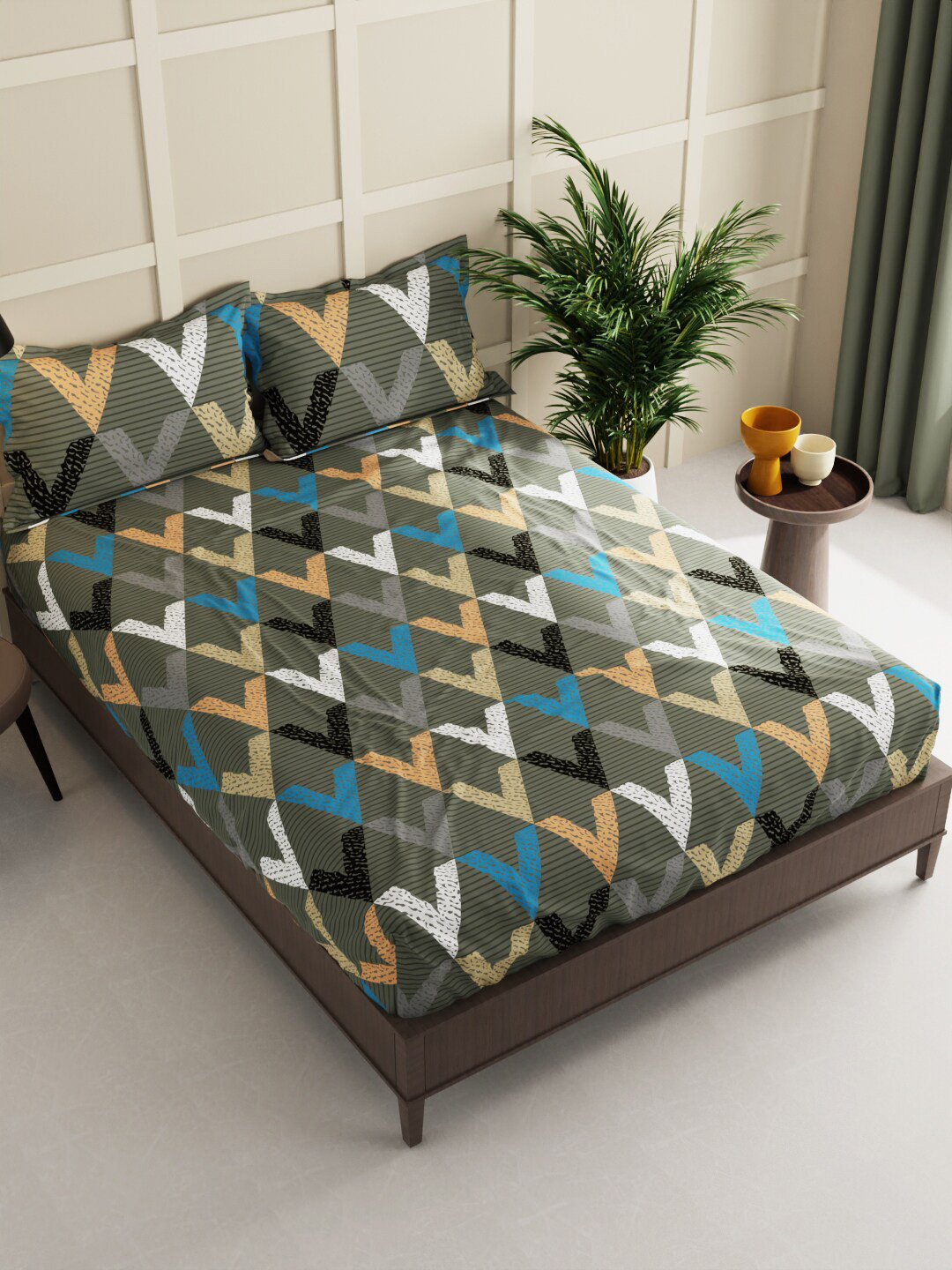 

BIANCA Envogue Green & Blue Geometric Printed 152 TC Queen Bedsheet & 2 Pillow Covers