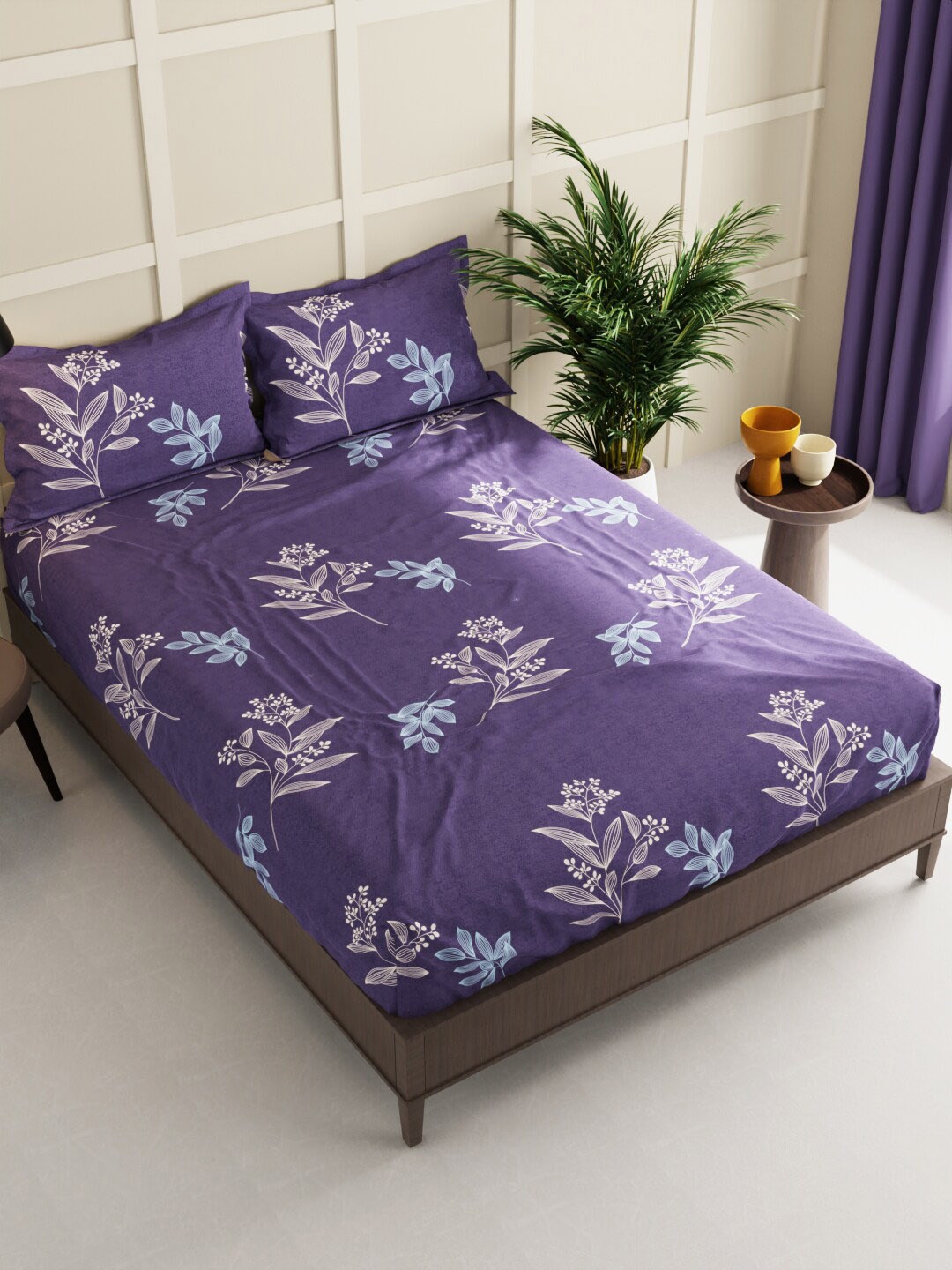 

BIANCA Envogue Purple & Blue Floral Printed 152 TC Queen Bedsheet & 2 Pillow Covers