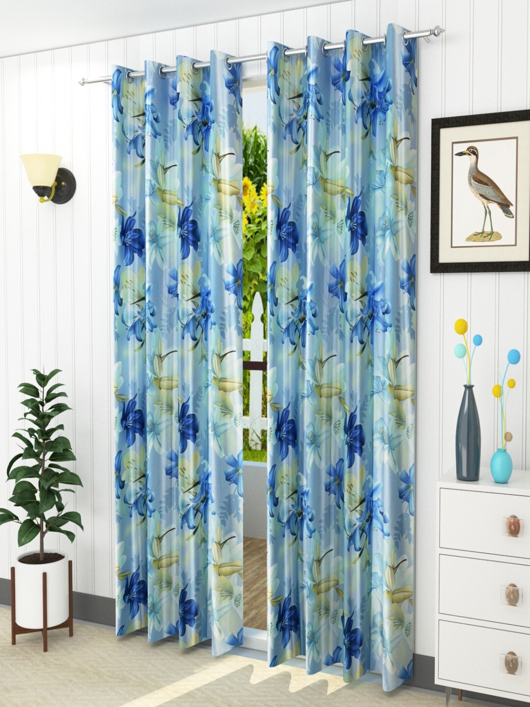 Homefab India Blue & Green 2 Pieces Floral Room Darkening Long Door Curtain