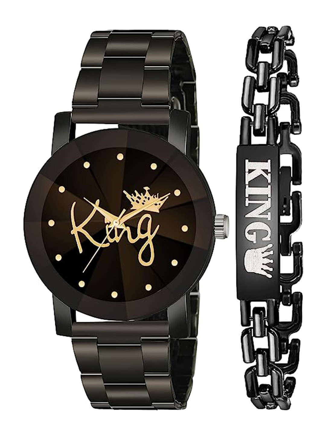 

CERO Pack Of 2 King Printed Analogue Watch & Bracelet C-Com-Metal-King-Bracelet, Black