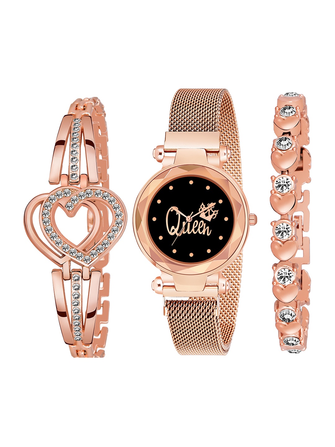 

CERO Pack Of 3 Analogue Black Dial Magnet Watch With Gift Bracelet C-Com-B-62-3-Pcs, Gold