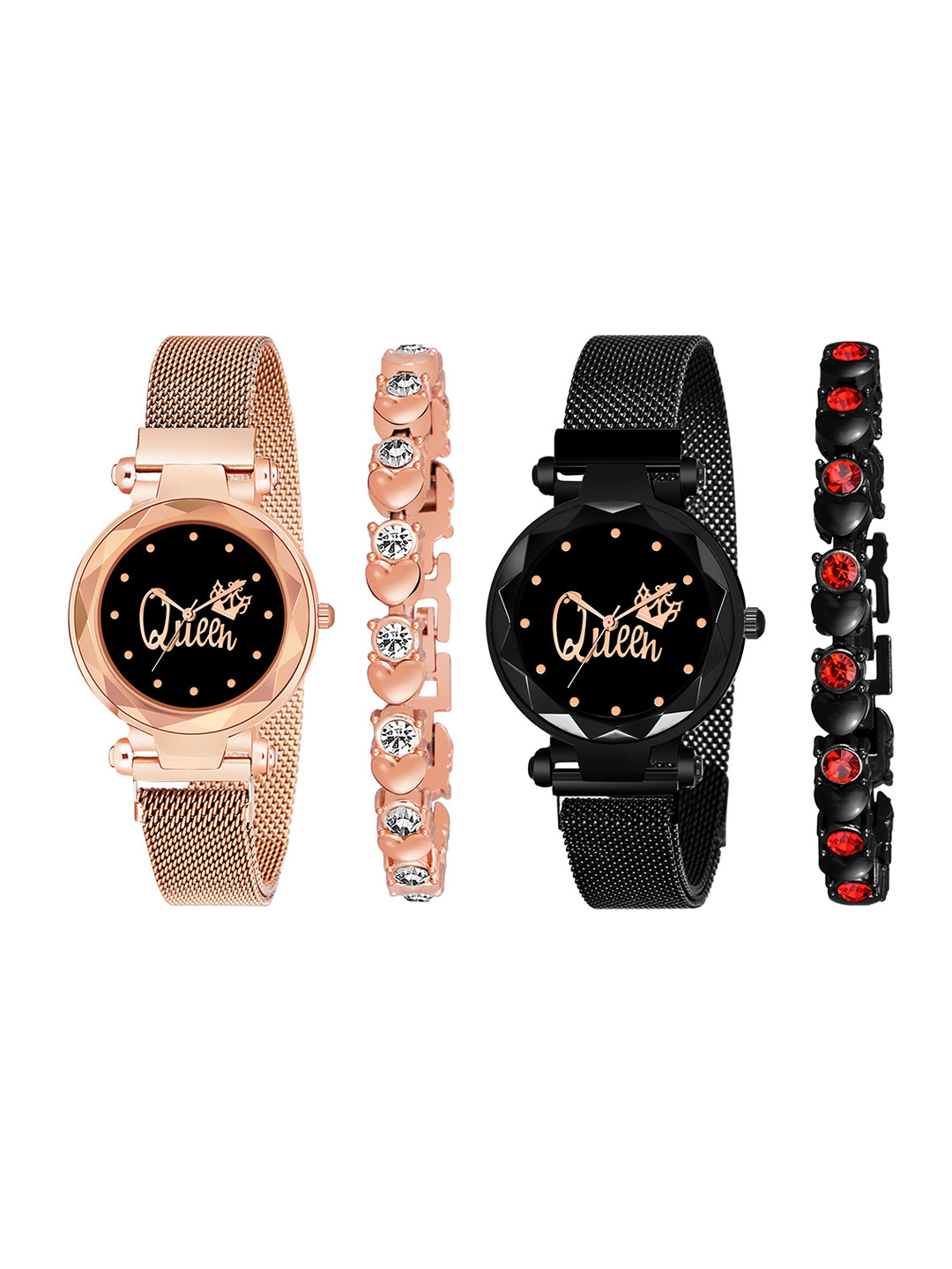 

CERO Pack Of 2 Bracelet Style Straps Digital Watch & Bracelet C-Com-4-Queen-Black-Gold