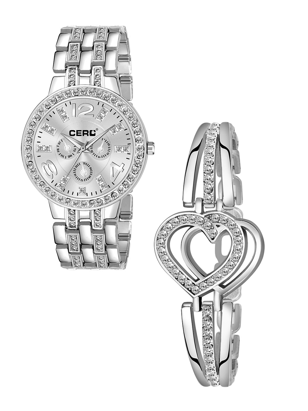 

CERO Women Pack Of 2 Bracelet Style Straps Analogue Watch & Beacelet C-Com-Diamond-Silver