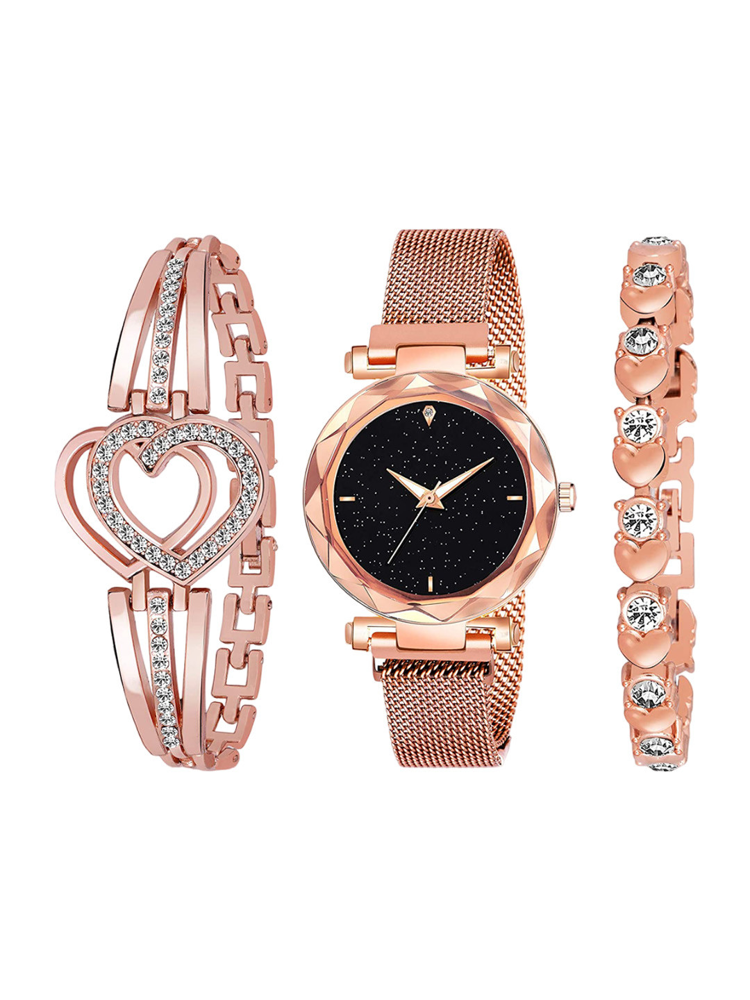 

CERO Women Pack Of 3 Analogue Watch & Braceletes C-Com-B-66-3-Pcs, Black