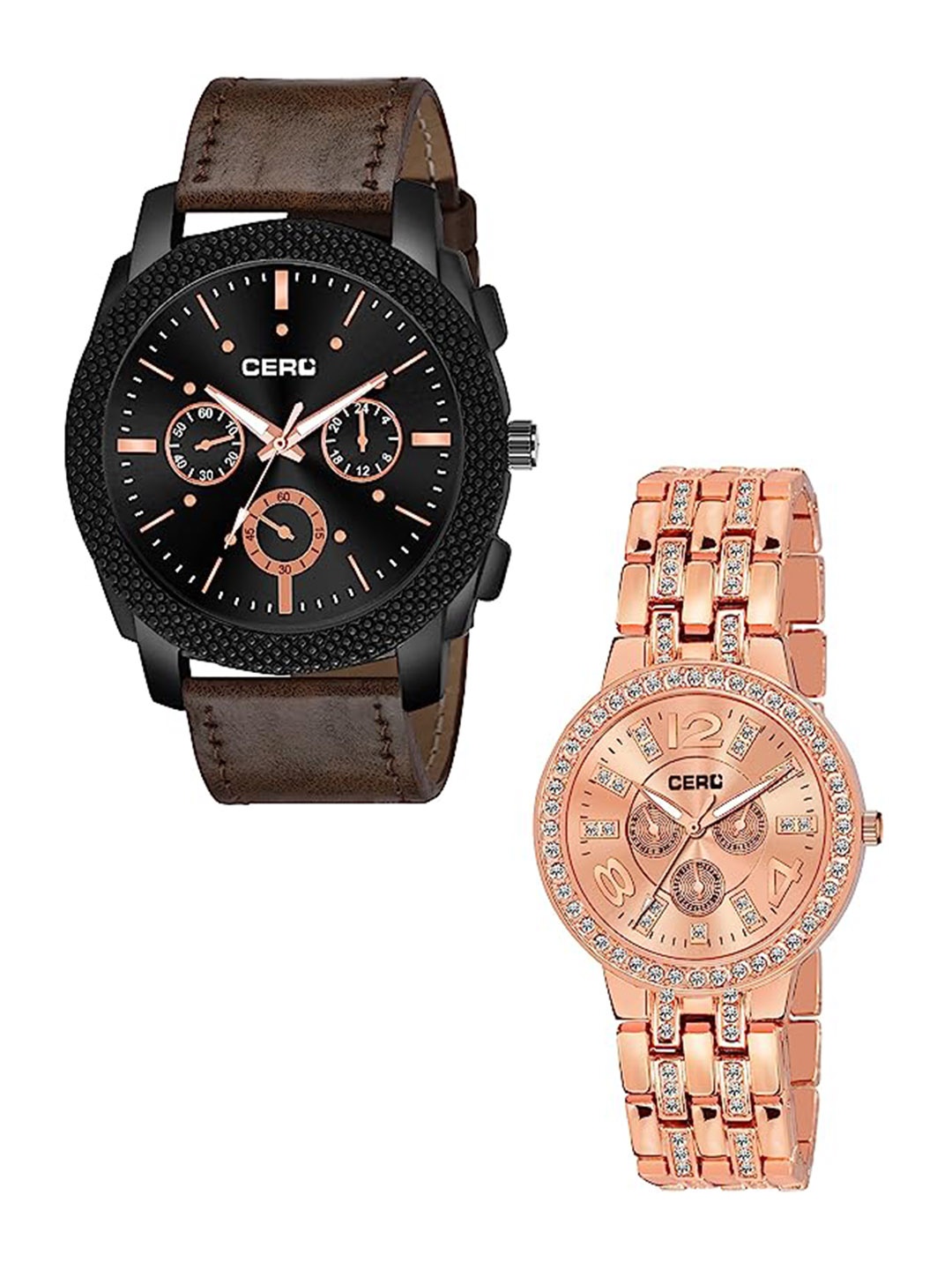 

CERO Pack Of 2 His and Hers Analogue Watches C-Com-Brown-Fossi-Rosegold