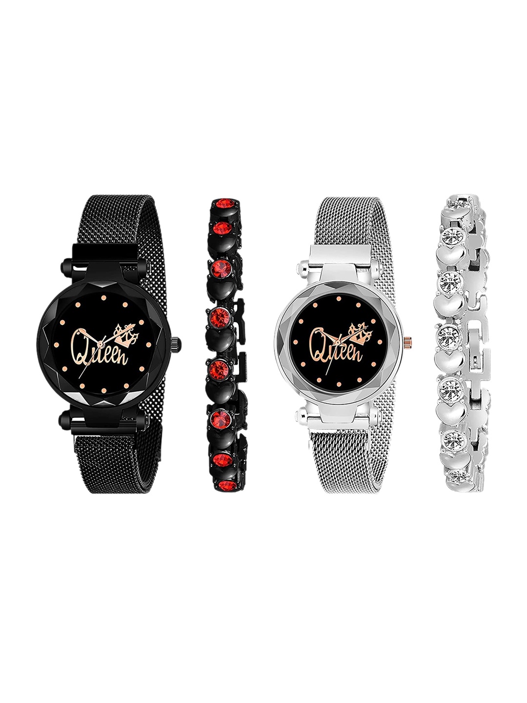 

CERO Women Pack Of 2 Analogue Watch & Braceletes C-Com-4-Queen-Silver-Black-551