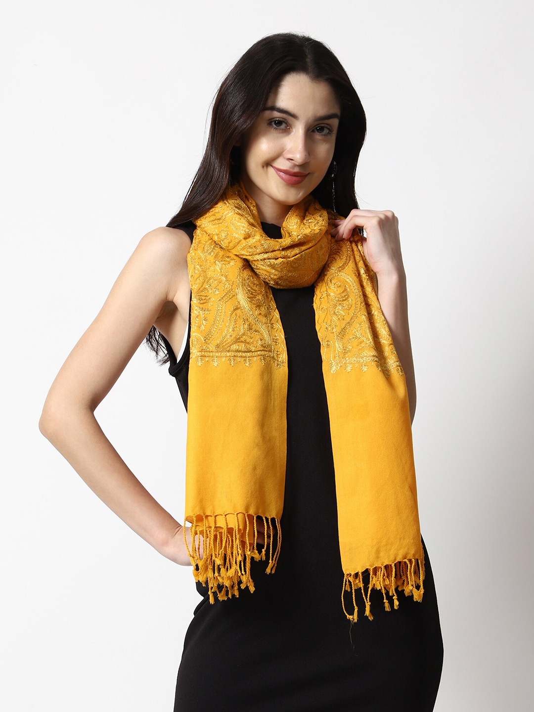 

SWI Stylish Women Embroidered Zari Wool Stole, Yellow