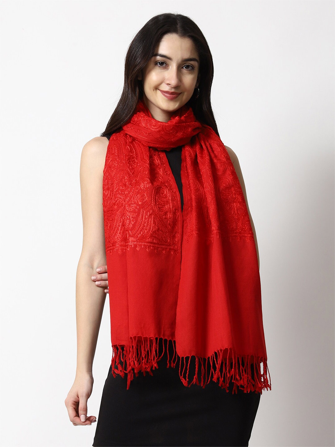 

SWI Stylish Women Wool Floral Embroidered Tasselled Stole, Red