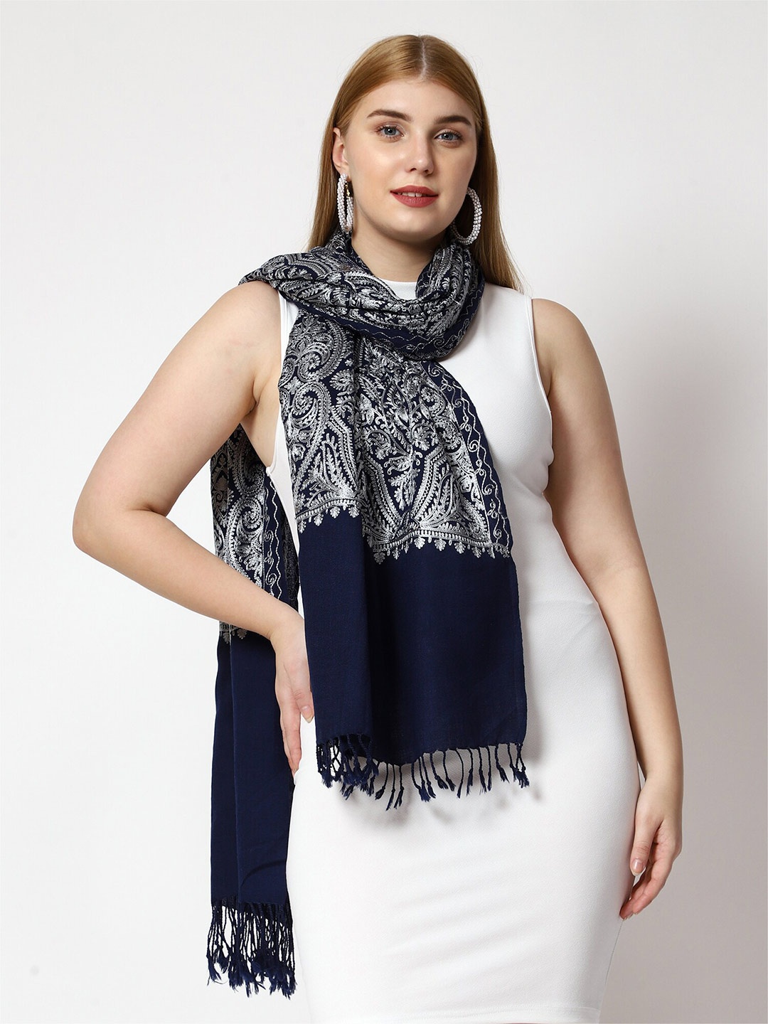 

SWI Stylish Women Wool Ethnic Motifs Embroidered Tasselled Stole, Navy blue