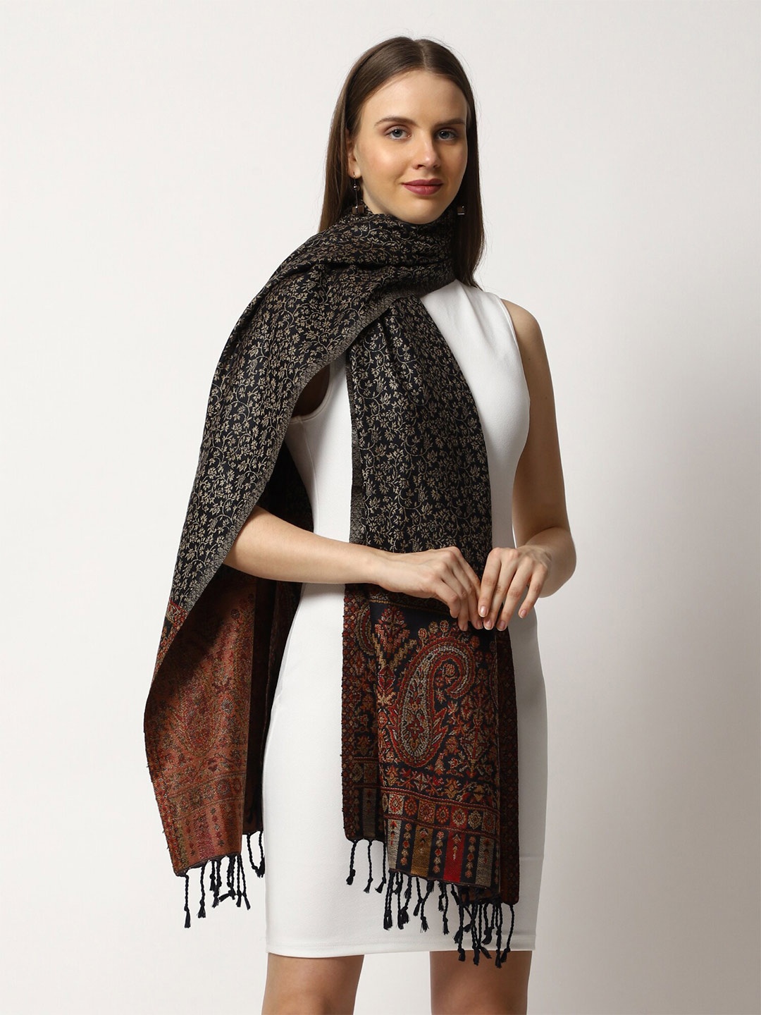 

SWI Stylish Women Wool Ethnic Motifs Woven Design Tasselled Stole, Black