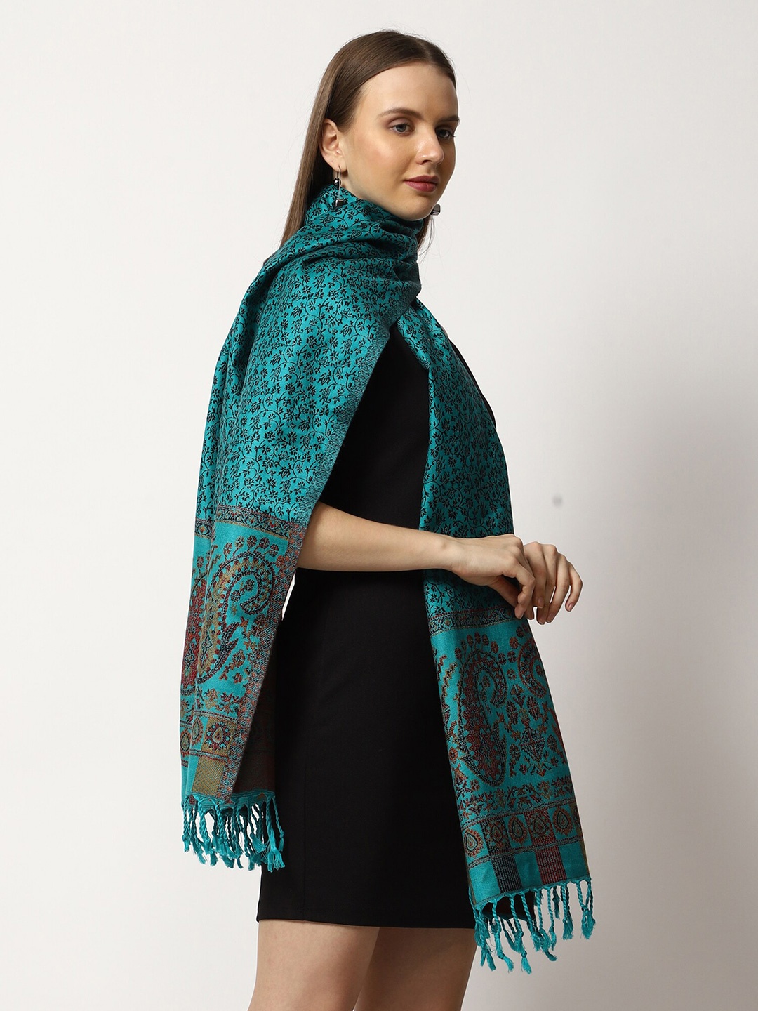 

SWI Stylish Women Wool Ethnic Motifs Woven Design Tasselled Stole, Sea green