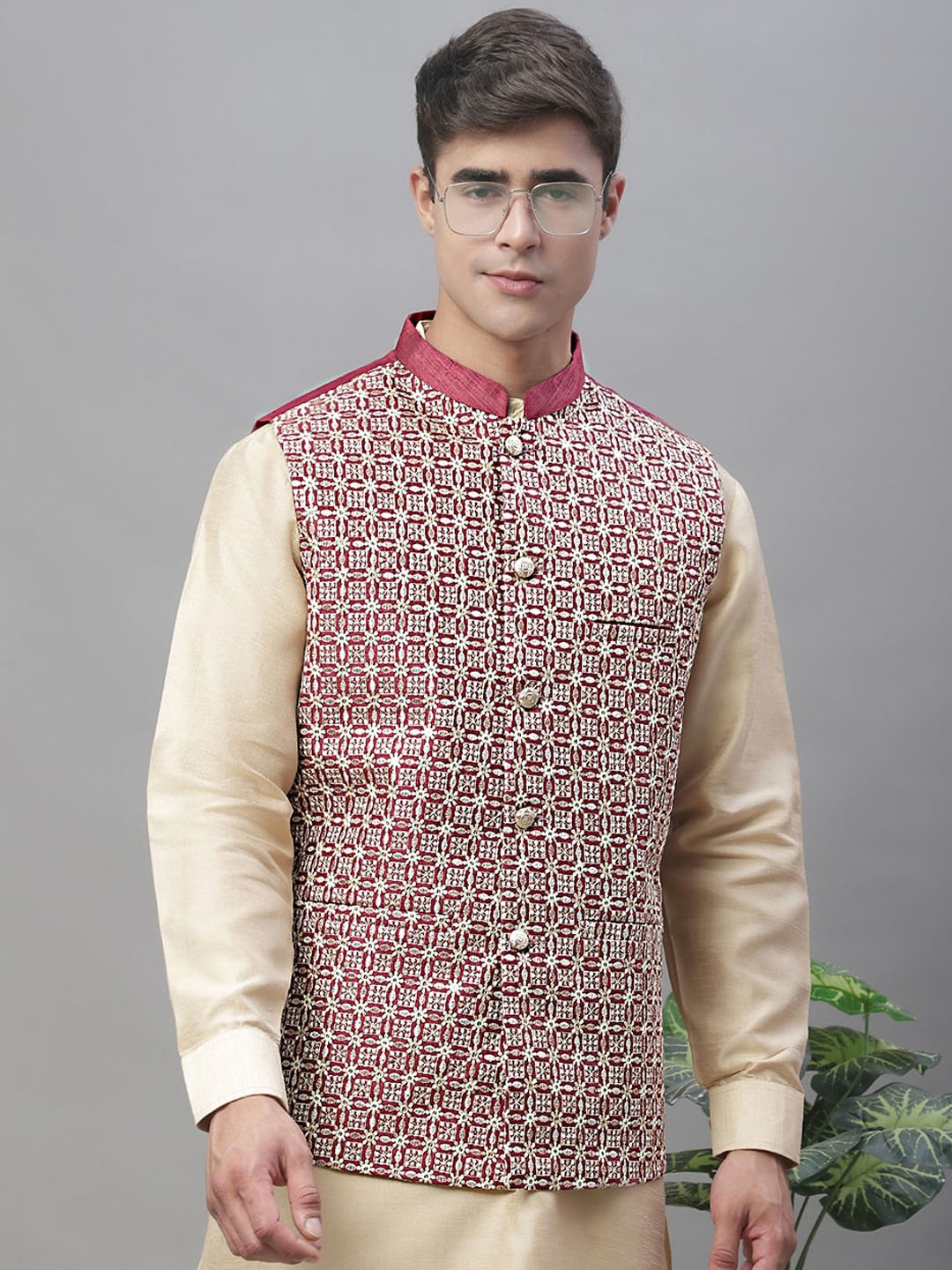 

Anouk Men Maroon Embroidered Nehru Jackets