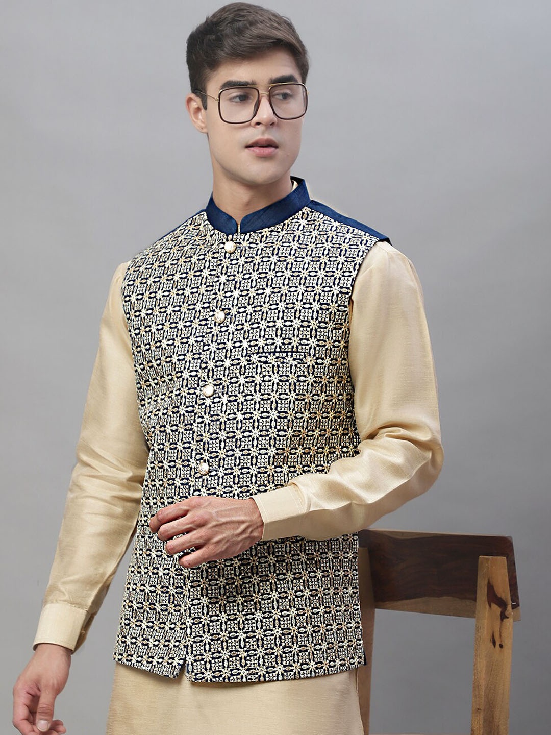 

Anouk Men Blue Embroidered Nehru Jackets